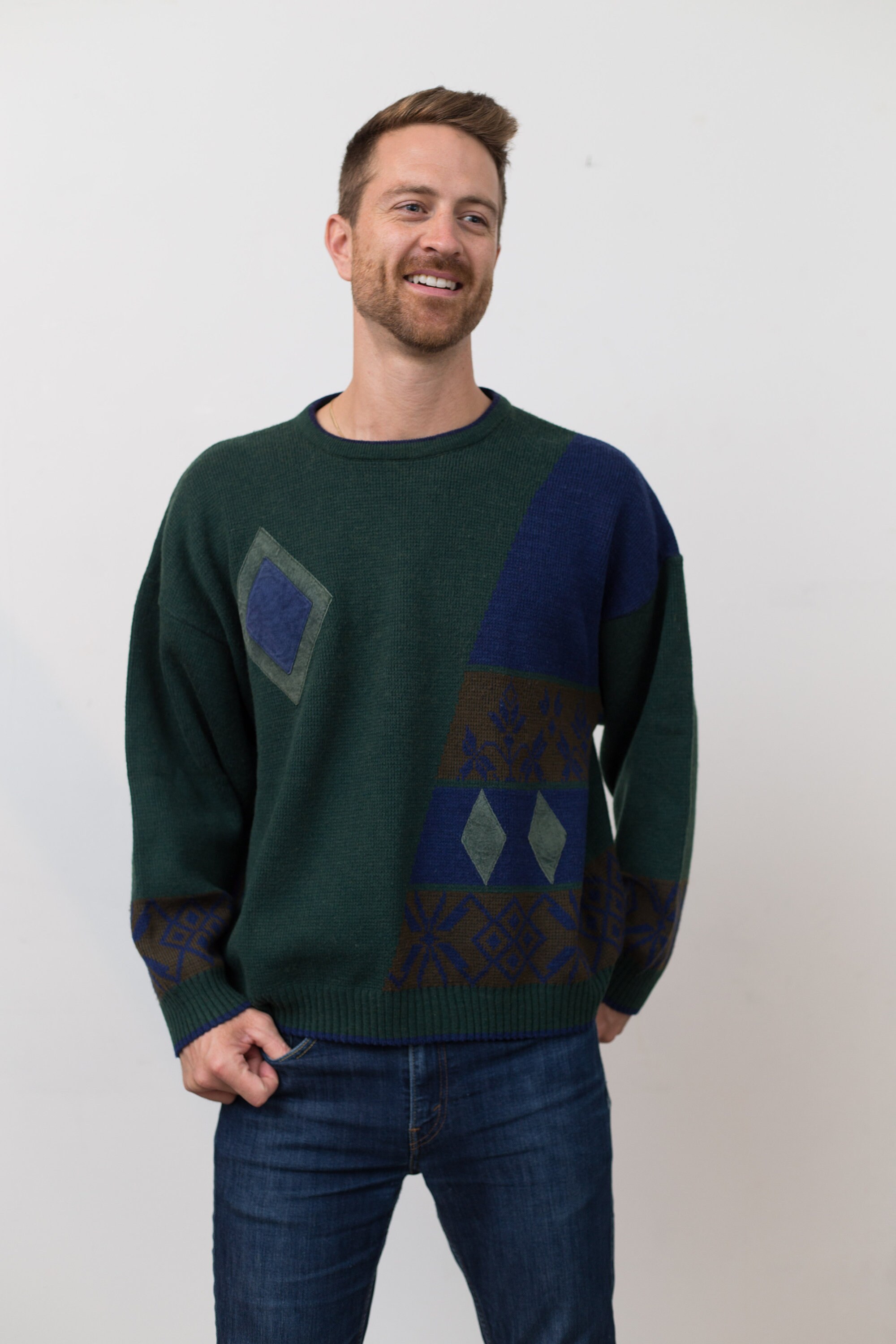 PrincipalVintage Vintage Men's Sweater - Large Size Green Retro Diamond Shape Geometric Abstract Pullover - Knit Long Sleeved Jumper