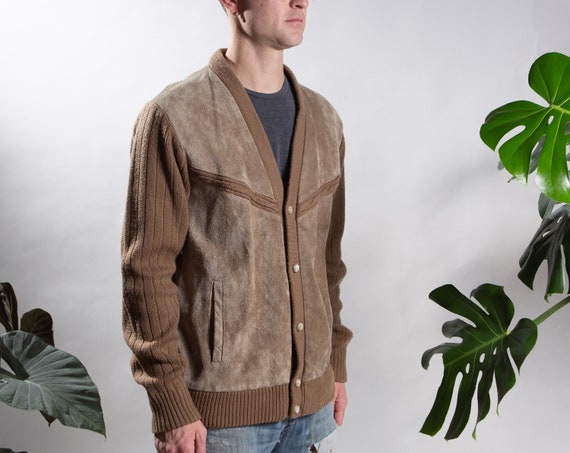 Vintage Brown Cardigan - Large Size Leather and Kn