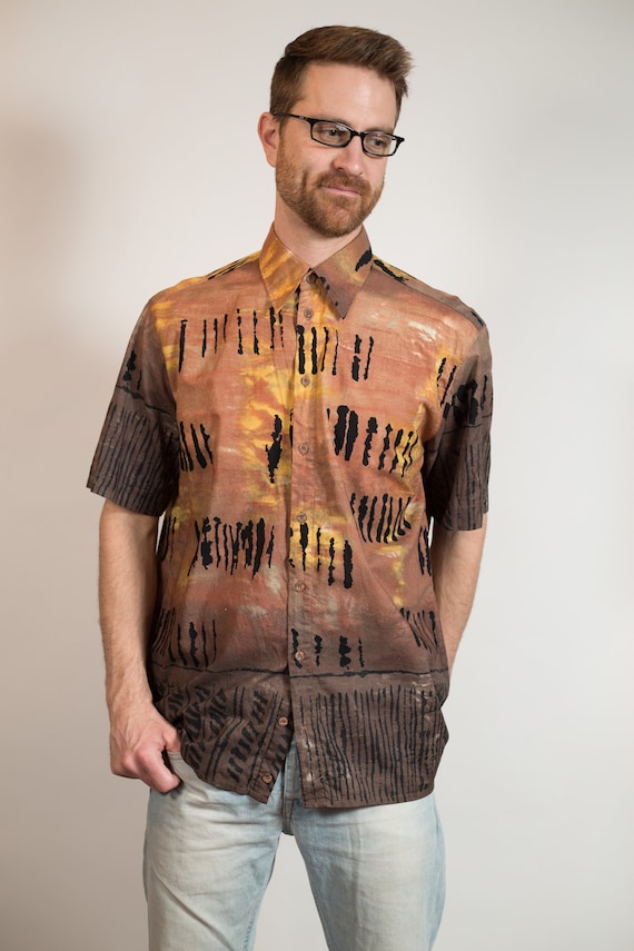 Vintage Men's Tribal Shirt - Ombre Tie Dye Browni… - image 1