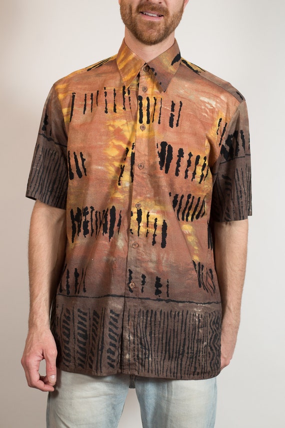 Vintage Men's Tribal Shirt - Ombre Tie Dye Browni… - image 2