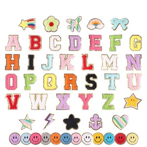 Colorful Chenille Embroidered hearts / Lightning /Smiling/ Stars/ Patch iron on letter patches for Kid Clothing Bag Applique