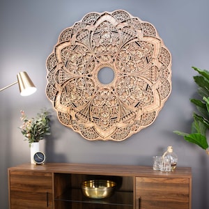 Demure | Large 48&quot; Round Wood Wall Art  | MultiLayered Mandala