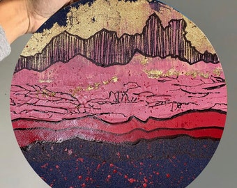 Landscape 01 - abstract landscape painting, circular painting , gold leaf , acrylic painting, gold, pink , blue , abstract circular painting