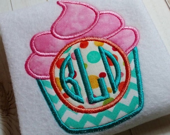 Applique cupcake machine embroidery instant download design, Monogram cupcake, Happy Birthday cupcake with frosting