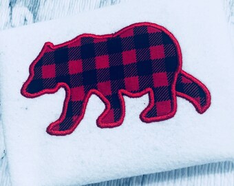 Applique Plaid Bear, Machine Embroidery Design (Instant Download)