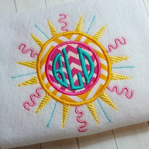 Applique monogram sun machine embroidery instant download design, appliqué circle frame, summer time fun sun design
