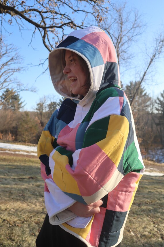 Handmade Quilted Cotton Hoodie, Modern Patchwork Sweatshirt, Minimalist Wearable Art, Slow Fashion Outerwear