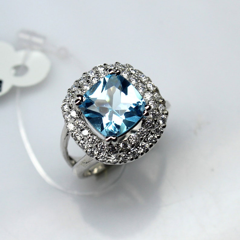 Women Ring Natural Cushion Blue Topaz Ring Engagement Ring 925 Sterling Silver Women Ring Gift For Her Anniversary Ring Promise Ring