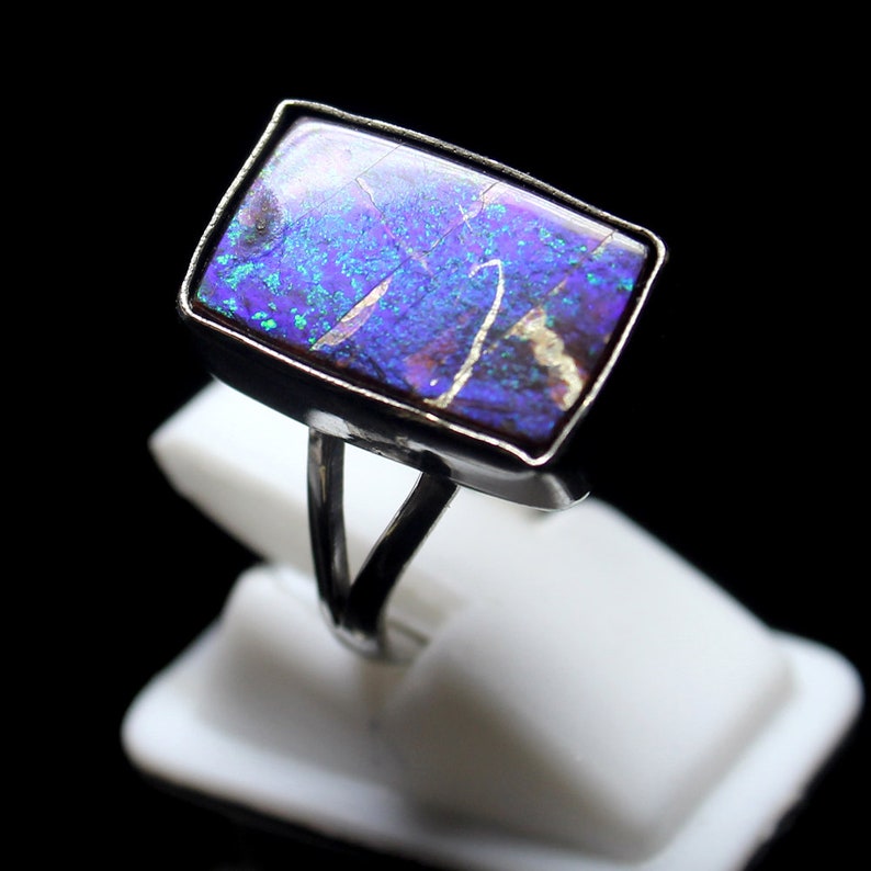 Ammolite Jewelry US Size 8.00 Designer Ring Natural Canadian Blue Fire Ammolite Cabochon Gemstone Ring Ammolite Silver Plated Ring