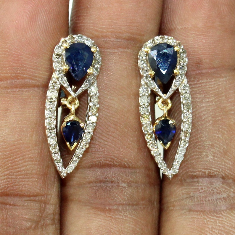 14 K Yellow Gold Plated Natural Blue Sapphire Pear Gemstone Earring Earring Gift 925 Solid Silver Women Earring Elegant Sapphire Earring