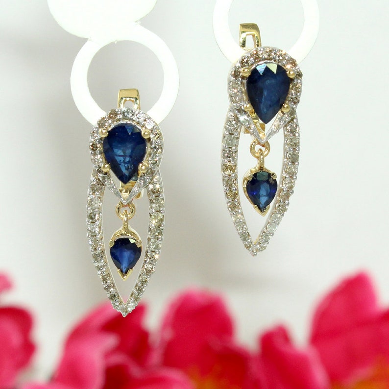 14 K Yellow Gold Plated Natural Blue Sapphire Pear Gemstone Earring Earring Gift 925 Solid Silver Women Earring Elegant Sapphire Earring