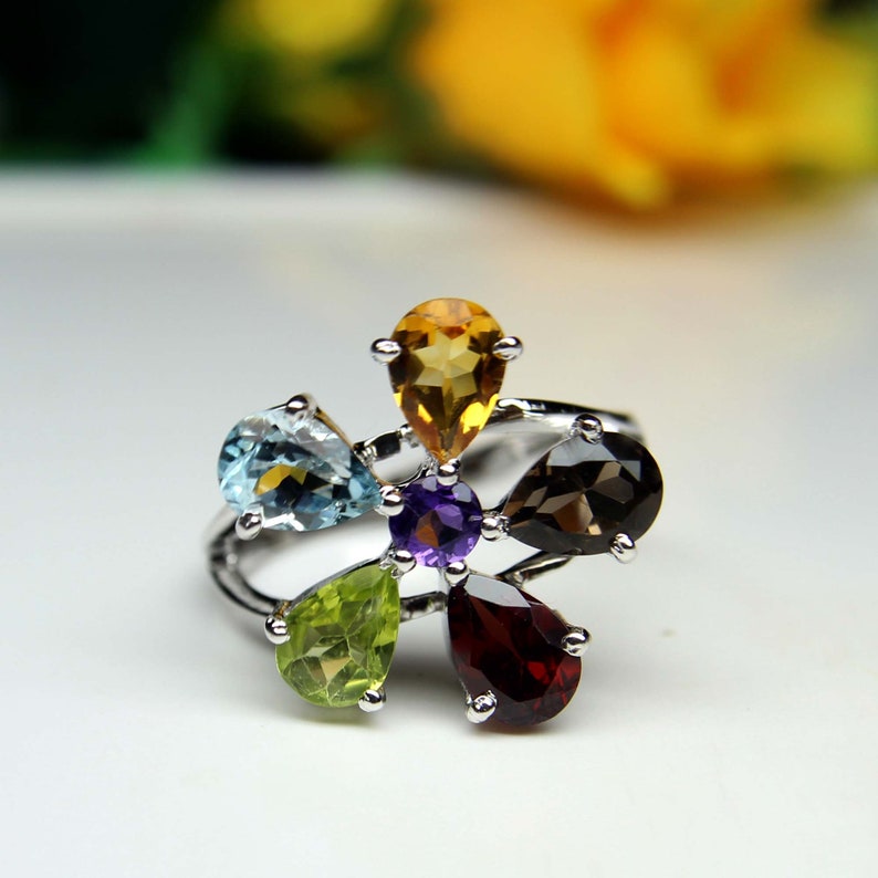 925 Solid Silver Multi Stine Ring Gift For Her Birthstone Designer Women Beautiful Ring Gemstone Ring Natural Multi Stone Women Ring