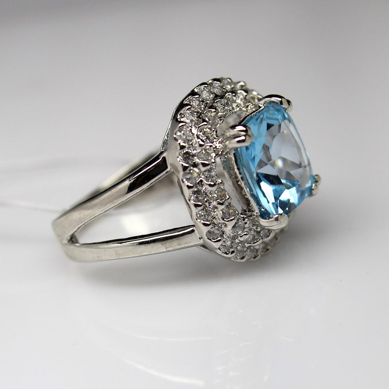 Women Ring Natural Cushion Blue Topaz Ring Engagement Ring 925 Sterling Silver Women Ring Gift For Her Anniversary Ring Promise Ring