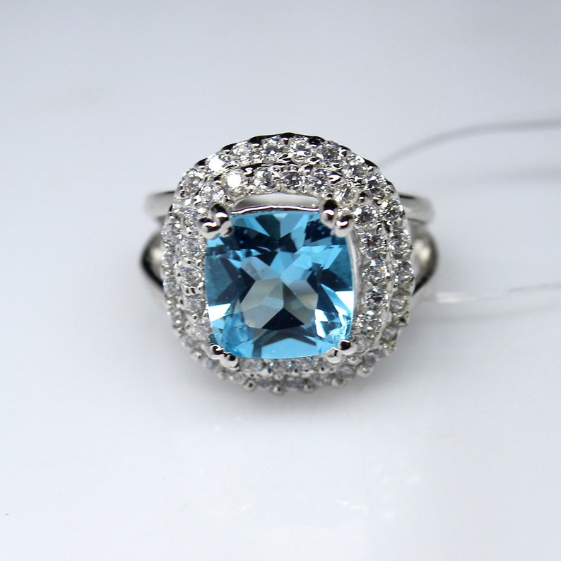 Women Ring Natural Cushion Blue Topaz Ring Engagement Ring 925 Sterling Silver Women Ring Gift For Her Anniversary Ring Promise Ring
