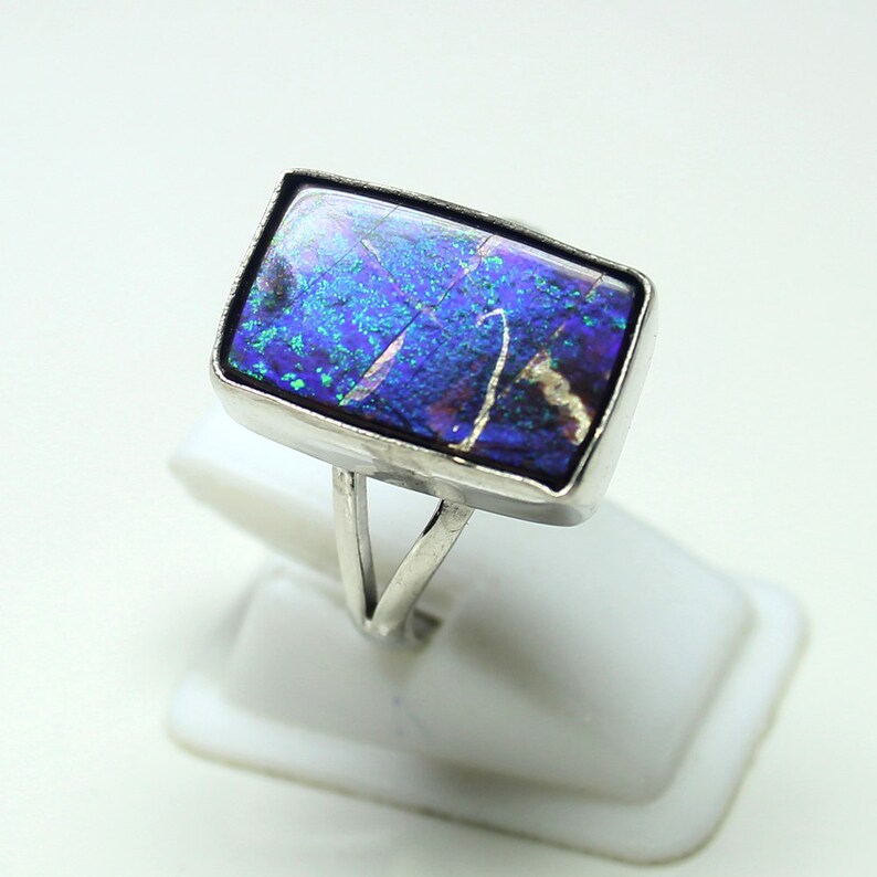 Ammolite Jewelry US Size 8.00 Designer Ring Natural Canadian Blue Fire Ammolite Cabochon Gemstone Ring Ammolite Silver Plated Ring