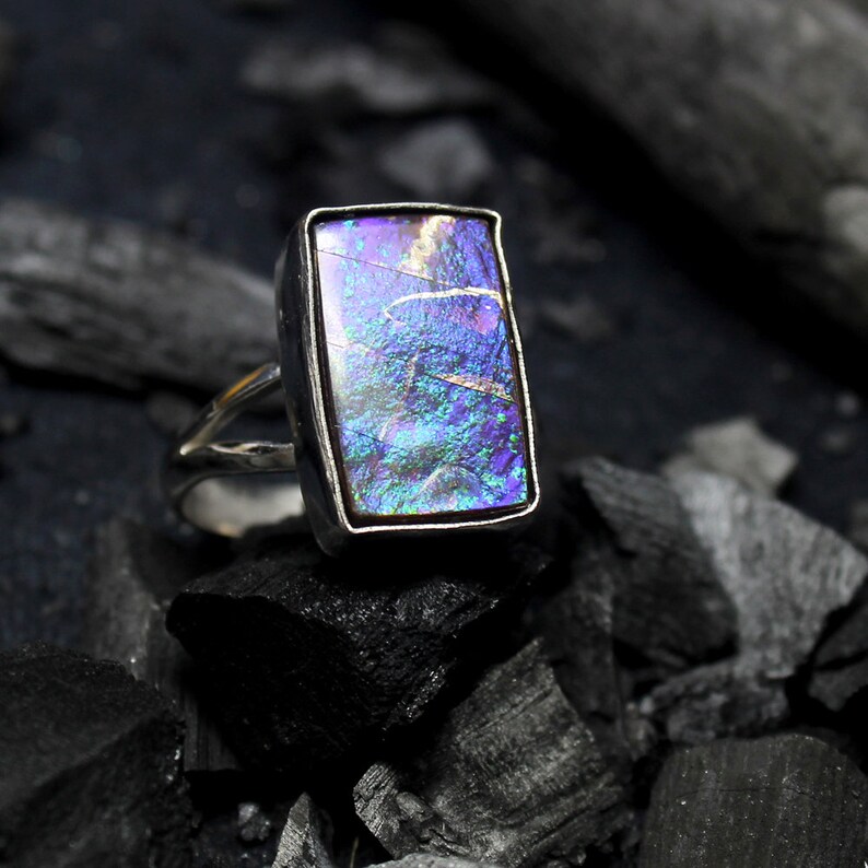 Ammolite Jewelry US Size 8.00 Designer Ring Natural Canadian Blue Fire Ammolite Cabochon Gemstone Ring Ammolite Silver Plated Ring