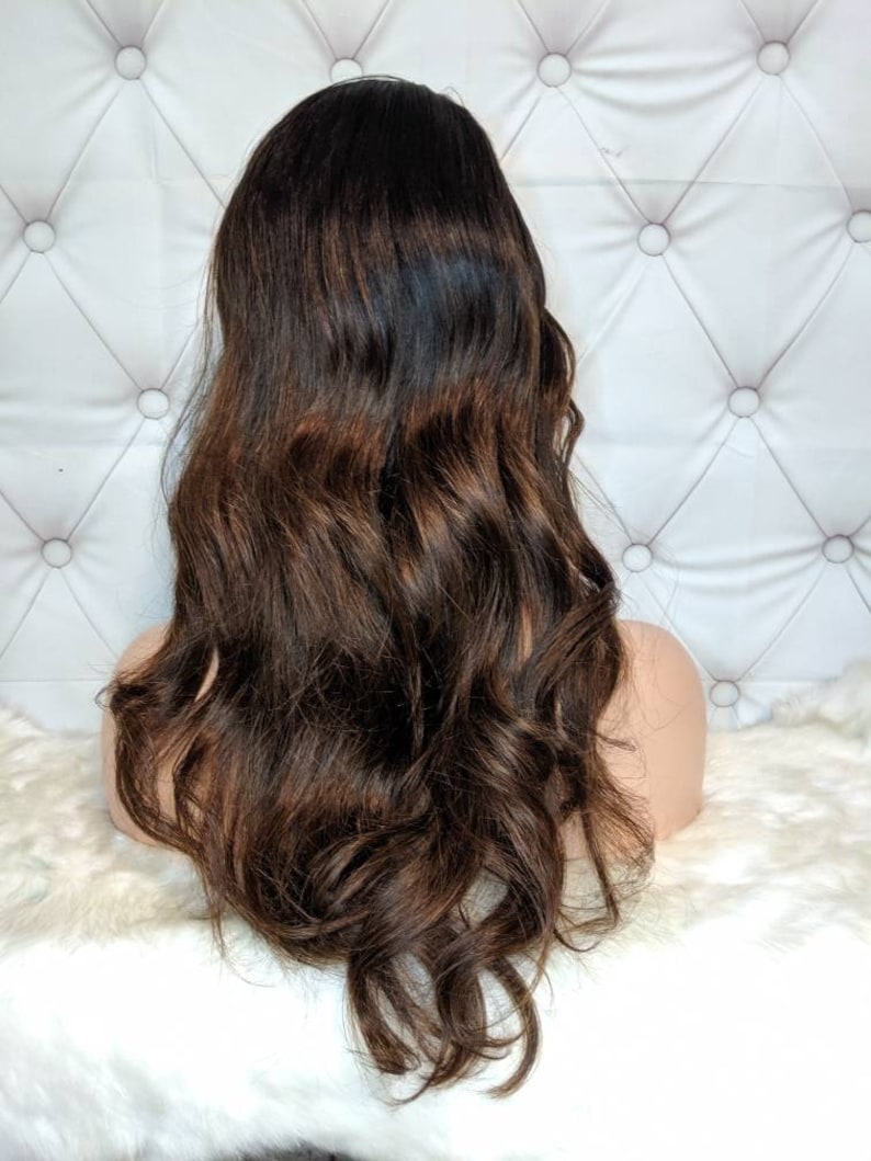 BELLA Vacker Ombre Kastanjebrun Limfri "HD OSYNLIG Lace" Peruk med Äkta Hår framtill med Blekta Knutar och Förplockad för Naturlig Hårlinje! bild 3