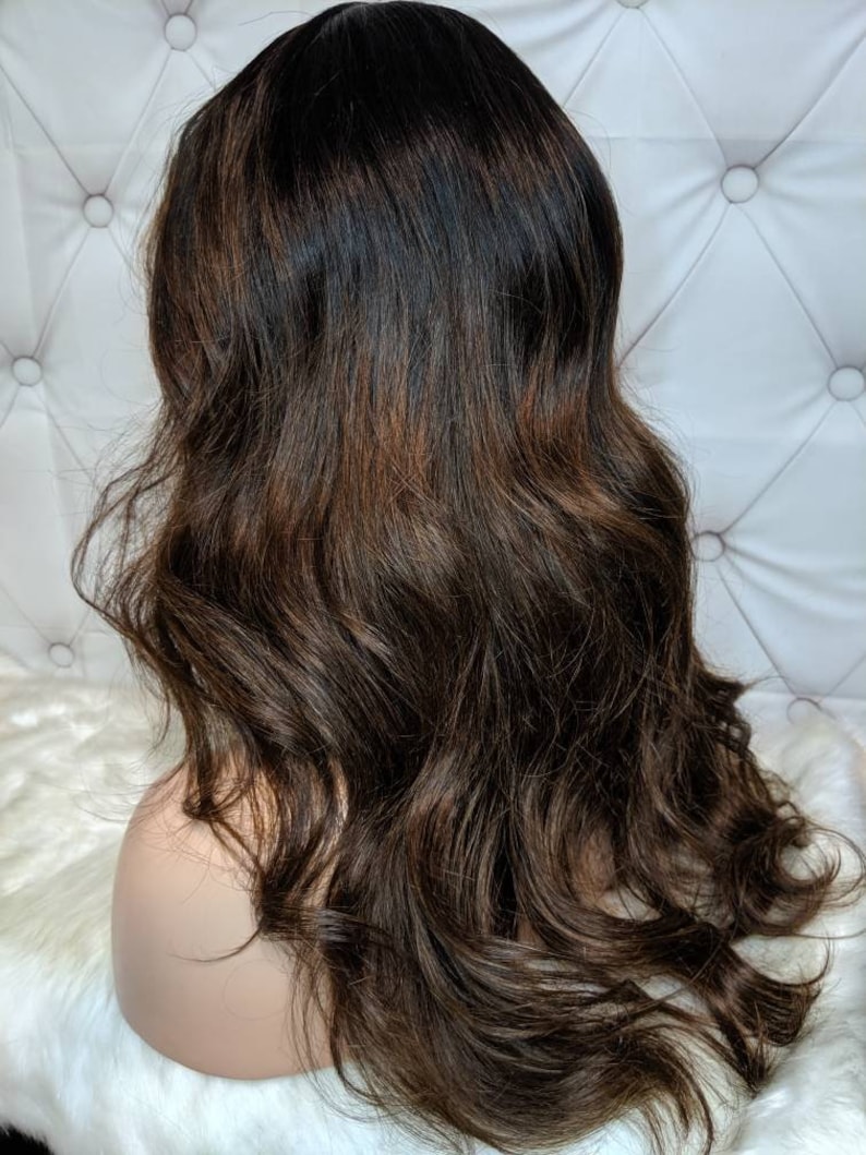 BELLA Vacker Ombre Kastanjebrun Limfri "HD OSYNLIG Lace" Peruk med Äkta Hår framtill med Blekta Knutar och Förplockad för Naturlig Hårlinje! bild 4