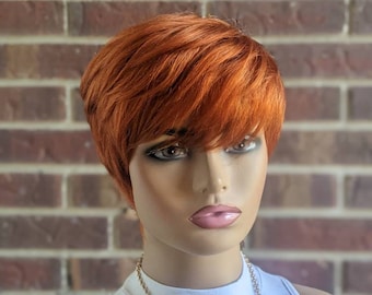 Peruca de cabelo humano sem renda com corte pixie e especiarias de abóbora