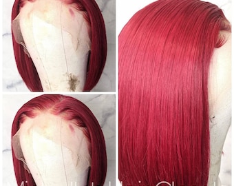 Kersenrode bob van 30 cm!! 100% echt mensenhaar, lijmloze, onzichtbare, transparante lace front pruik * Gebleekte knopen en voorgeplukt voor een natuurlijke haarlijn!!