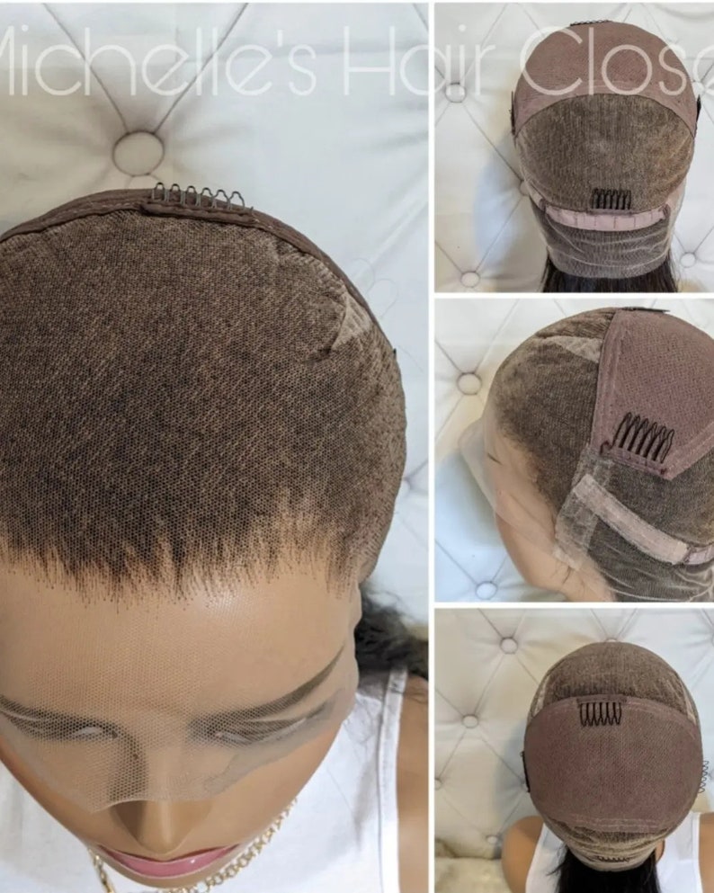 May include: A brown lace wig with adjustable straps and clips. The wig is shown on a mannequin head with a white background.
