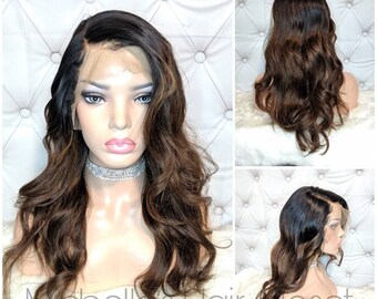 BELLA Gorgeous Ombre Chestnut Brown Glueless "HD INVISIBLE Lace" Front Human Hair wig w/ Bleached Knots & Pre-plucked for Natural Hairline!