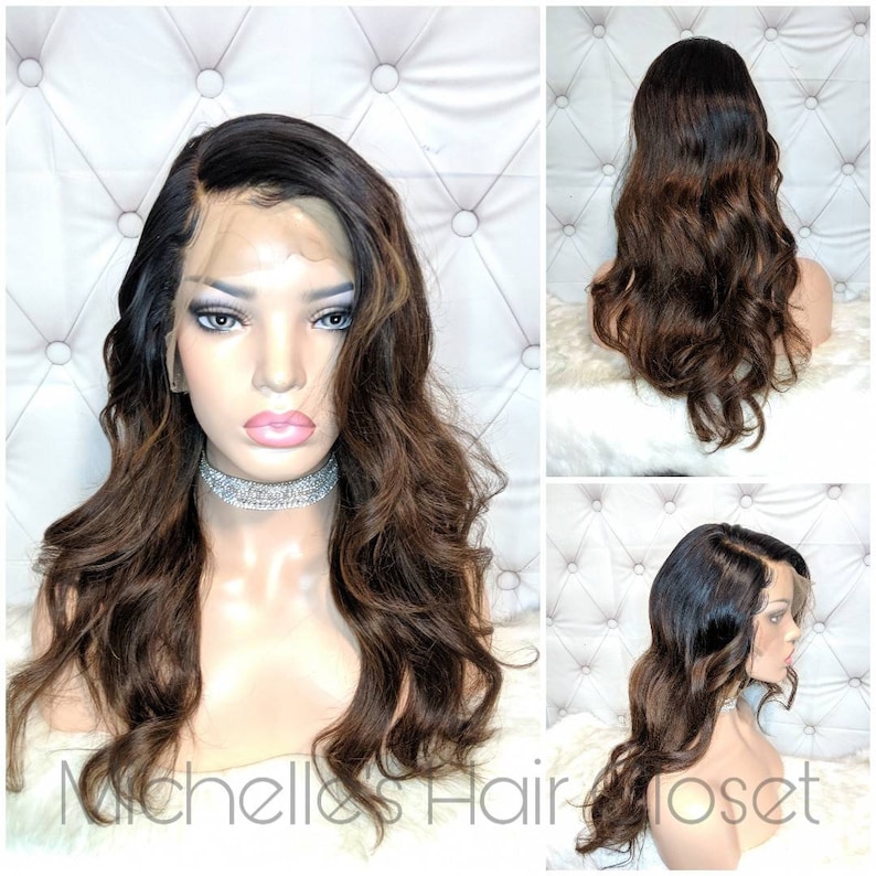 BELLA Vacker Ombre Kastanjebrun Limfri "HD OSYNLIG Lace" Peruk med Äkta Hår framtill med Blekta Knutar och Förplockad för Naturlig Hårlinje! bild 2