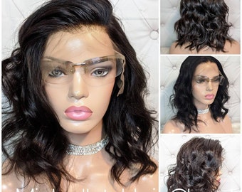Peruka z przodu z niewidoczną koronką bez kleju „Messy Bob” * Wybielone węzły i wstępnie wyrwane dla naturalnej linii włosów!! 100% ludzkich włosów