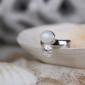 Mermaid's Moon - Saltwater Souls rainbow moonstone and fine silver cast limpet shell statement ring.
