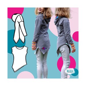 May include: A gray hooded sweatshirt with a long, asymmetrical hemline. The sweatshirt has a colorful rainbow stripe on the sleeve and a small heart design on the back. The model is wearing gray pants and the sweatshirt is shown in two different views.