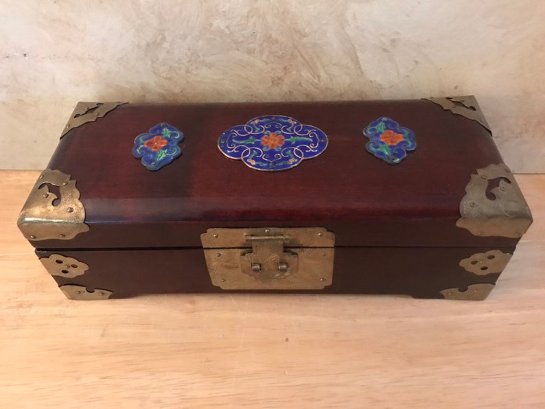 Asian Jewelry Box With Enameled Accents,decorative jewelry chest,treasure chest keepsake box,girlfriend gift,jewelry armoire,stash box