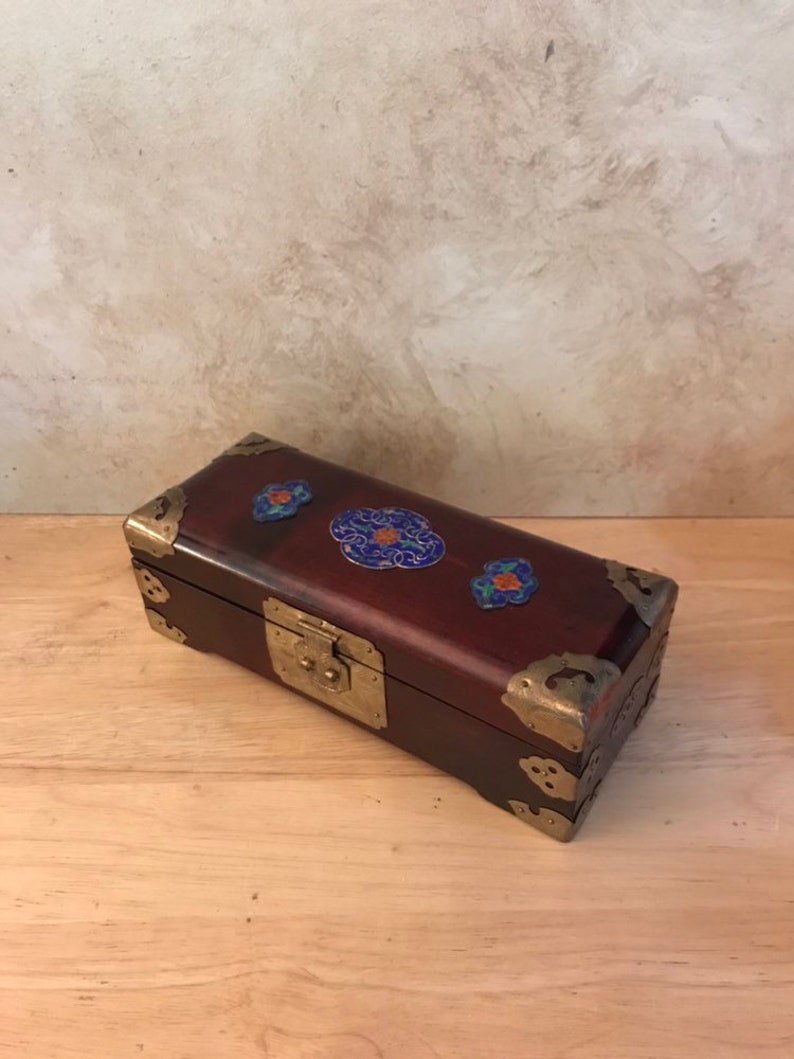 Asian Jewelry Box With Enameled Accents,decorative jewelry chest,treasure chest keepsake box,girlfriend gift,jewelry armoire,stash box