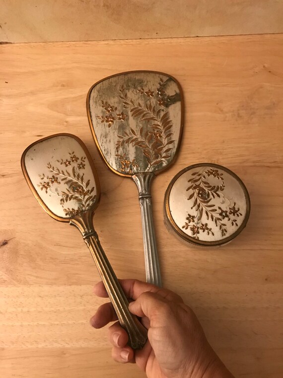Vintage Hand Mirror With Brush And Powder Boxantique Vintage Hand Mirror With Brush And, Vintage Vanity Mirror And Brush Set