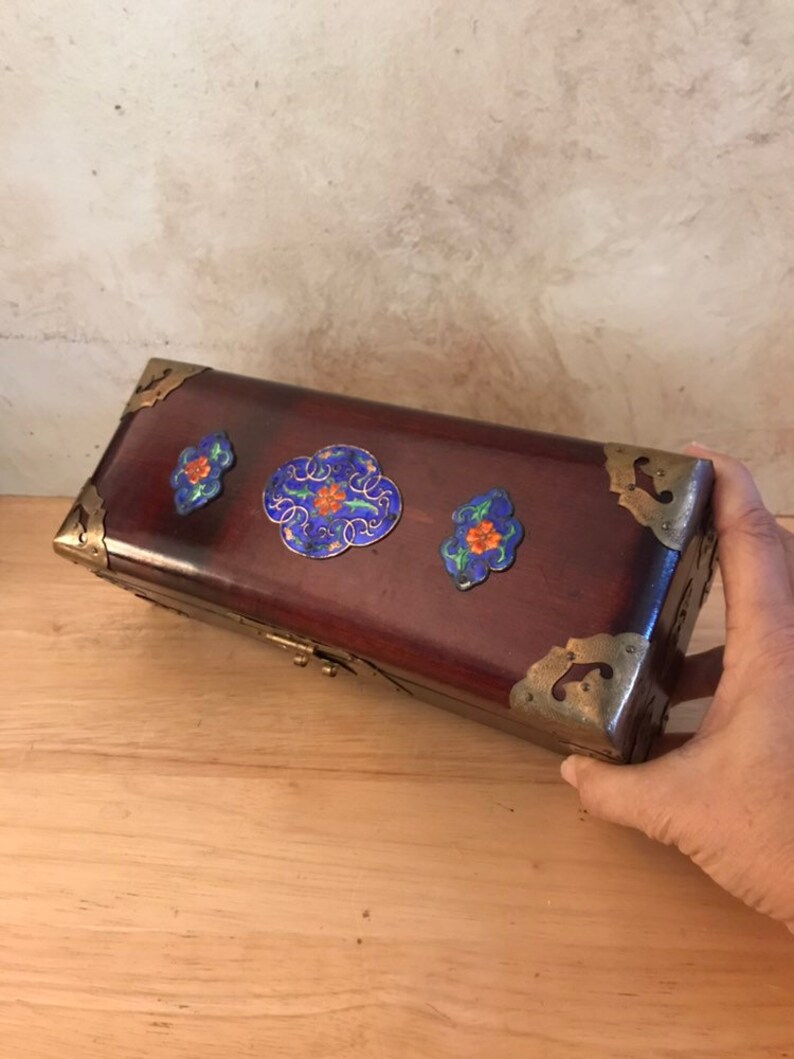 Asian Jewelry Box With Enameled Accents,decorative jewelry chest,treasure chest keepsake box,girlfriend gift,jewelry armoire,stash box