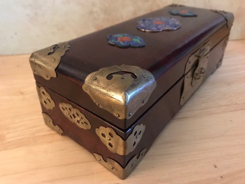 Asian Jewelry Box With Enameled Accents,decorative jewelry chest,treasure chest keepsake box,girlfriend gift,jewelry armoire,stash box