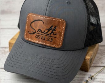 Custom Leather Patch Trucker Hat – Last Name, Anniversary Date, Richardson 112