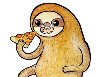 Sloth Eating Pizza Watercolor Print