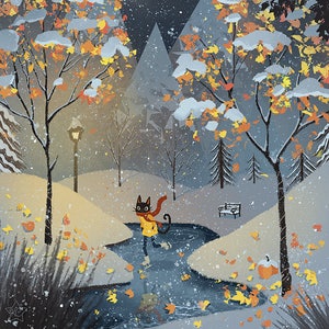 Cat Ice Skating in the Snow Art Print