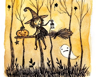 Creepy Witch and Ghost Watercolor Art Print