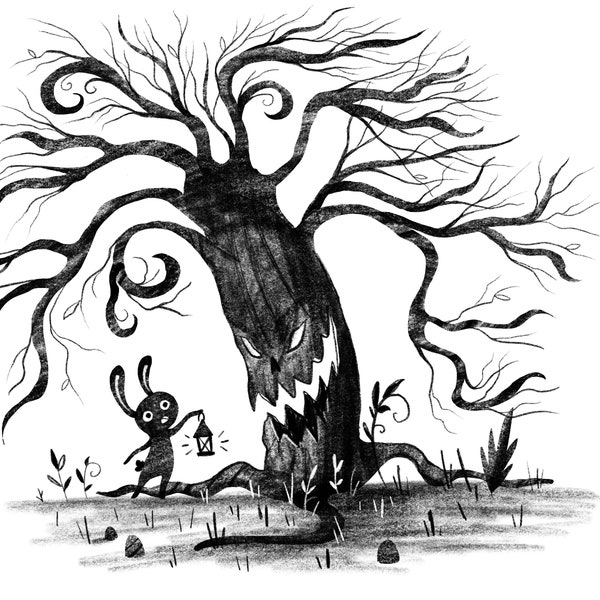 Creepy Tree and Bunny Holding a Lantern Art Print