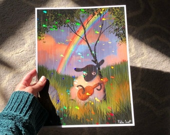 Sheep Playing a Guitar In the Rain Holographic Art Print