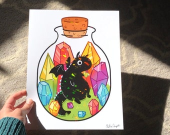 Dragon Trapped in a Bottle Eating Gemstones Holographic Art Print