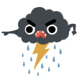 Może przedstawiać: Kreskówkowa ilustracja ciemnoszarej chmury ze złą miną, ramionami i palcem wskazującym. Żółta błyskawica i niebieskie krople deszczu są również widoczne.