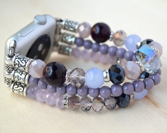 Handmade Apple Watch Purple Crystals & Amethyst Band for 38mm 40mm 42mm 44mm. Apple Watch Beaded Stretchy Bracelet Band