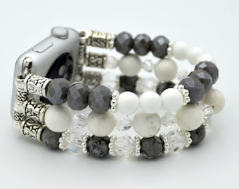 Handmade Apple Watch Crystals & Landscape, Howlite Gemstones Band for 38mm 40mm 42mm 44mm Fitbit Versa 1-2 Beaded Stretchy Bracelet Band