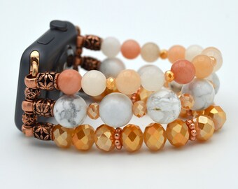Handmade Apple Watch Crystals, Sunstone, Howlite Gemstones Band for 38mm 40mm 42mm 44mm. Fitbit Versa 1 2 Stretchy Band