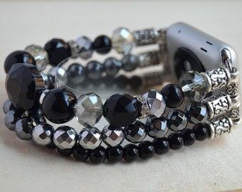Handmade Apple Watch Black Crystals & Onyx Gemstones Band for 38mm 40mm 42mm 44mm Fitbit Versa 1-2 Beaded Stretchy Bracelet Band