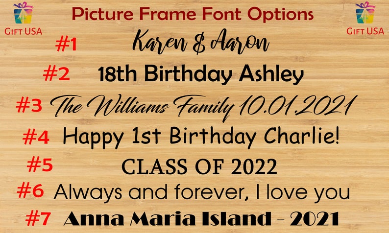 May include: Image showing picture frame font options with various text examples. The text includes names, dates, and phrases like "Happy 1st Birthday Charlie!" and "CLASS OF 2022". The background is a light wood grain.