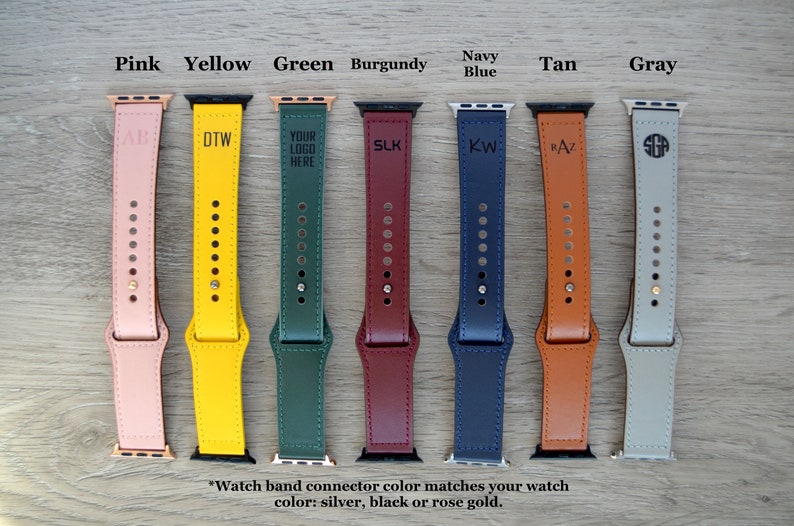 Personalized Leather Apple Watch Band, Fitbit Versa 1 & 2, Custom Logo Text, Monogrammed Apple watch straps for 38mm 40mm 42mm and 44mm image 3