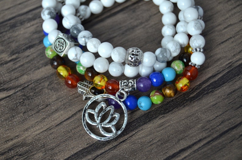 Seven Chakra 108 Mala Necklace Rainbow Stone Gemstone Necklace Seven Chakra Stretchy Bracelet 108 Mala Bracelets Chakra Necklace